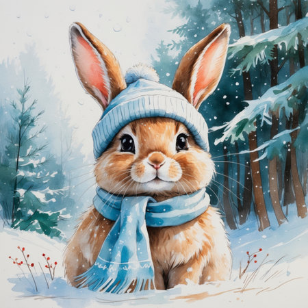 A little bunny wearing a hat and scarf sits in the snowy forest. Snow is gently falling, pine trees are visible in the background.の素材