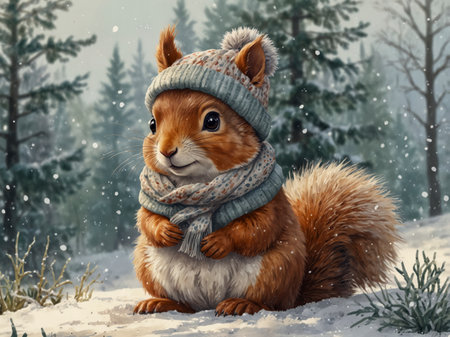 A red squirrel sits in a snowy winter forest. It wears a knitted hat with a pompom and a floral patterned scarf. Snowflakes are gently falling, and the scene is framed by pine branches and berries.の素材