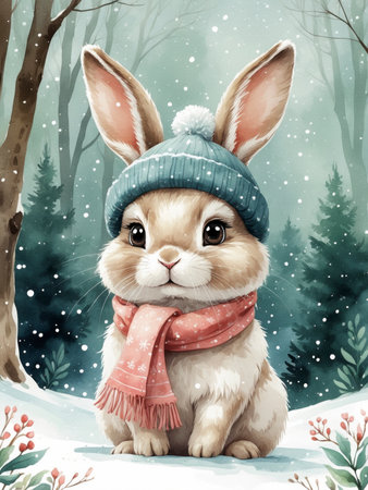 A little bunny wearing a hat and scarf sits in the snowy forest. Snow is gently falling, pine trees are visible in the background.の素材