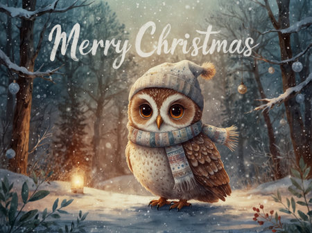An owl sits in a snowy winter forest. It wears a knitted hat with a pompom and a matching scarf with winter patterns. Above the scene, the text Merry Christmas appears in festive script. Snowflakes are gently falling, and pine branches with berries frame the wintry atmosphere.の素材