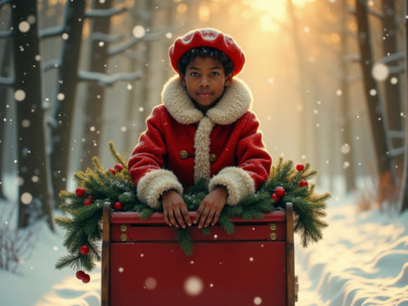 Illustration of a dark-skinned child wearing a red Christmas coat and matching hat, sitting on a decorated red sleigh.の素材