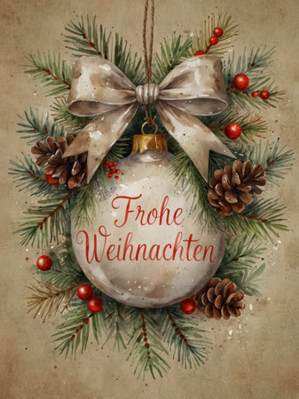 Illustration of a beige Christmas bauble with the inscription Merry Christmas. The bauble is decorated with a large ribbon, pine branches, red berries, and cones.の素材