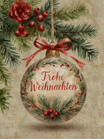 Illustration of a beige Christmas bauble with the inscription Merry Christmas. The bauble is decorated with a large ribbon, pine branches, red berries, and cones.の素材