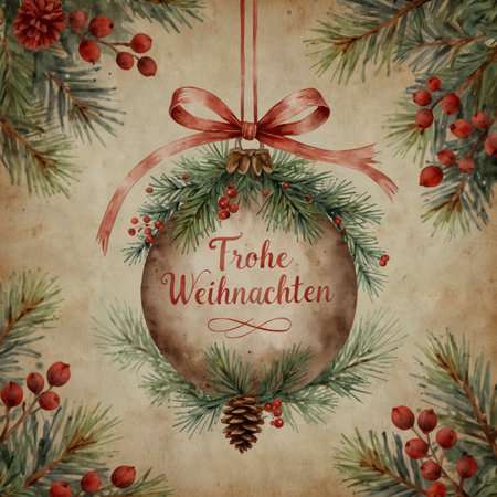 Illustration of a beige Christmas bauble with the inscription Merry Christmas. The bauble is decorated with a large ribbon, pine branches, red berries, and cones.の素材