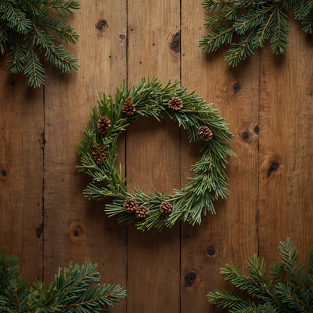 Christmas wreath made of green fir branches with decorative pinecones, hanging against a rustic wooden background. The simple, natural arrangement conveys a warm, traditional atmosphere.の素材