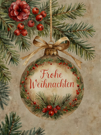 Illustration of a beige Christmas bauble with the inscription Merry Christmas. The bauble is decorated with a large ribbon, pine branches, red berries, and cones.の素材