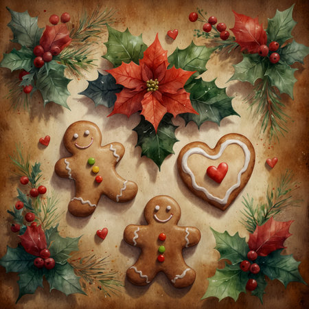 Illustration of gingerbread cookies in heart shapes and figures, decorated with white icing and red accents. Surrounded by Christmas branches, berries, and festive decoration on a rustic background.の素材