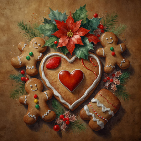 Illustration of gingerbread cookies in heart shapes and figures, decorated with white icing and red accents. Surrounded by Christmas branches, berries, and festive decoration on a rustic background.の素材