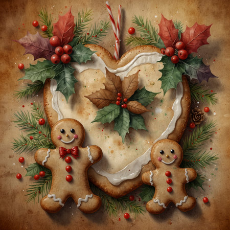 Illustration of gingerbread cookies in heart shapes and figures, decorated with white icing and red accents. Surrounded by Christmas branches, berries, and festive decoration on a rustic background.の素材