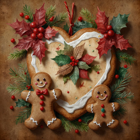 Illustration of gingerbread cookies in heart shapes and figures, decorated with white icing and red accents. Surrounded by Christmas branches, berries, and festive decoration on a rustic background.の素材