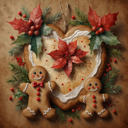 Illustration of gingerbread cookies in heart shapes and figures, decorated with white icing and red accents. Surrounded by Christmas branches, berries, and festive decoration on a rustic background.の素材