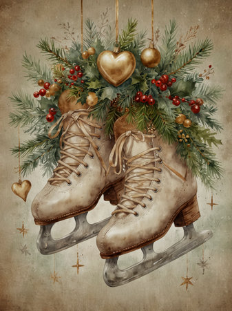 Illustration of a nostalgic pair of ice skates decorated with green pine branches, red berries, and golden Christmas baubles.の素材
