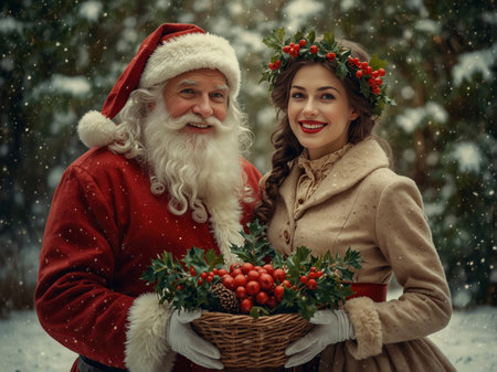 Illustration of a couple in red Christmas coats with white fur trim, standing in a snowy forest. Both wear Santa hats and hold a basket filled with green branches and red berries.の素材