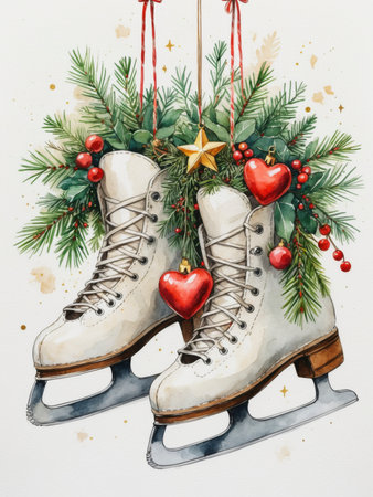 Illustration of a nostalgic pair of ice skates decorated with green pine branches, red berries, and golden Christmas baubles.の素材