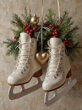 Illustration of a nostalgic pair of ice skates decorated with green pine branches, red berries, and golden Christmas baubles.の素材