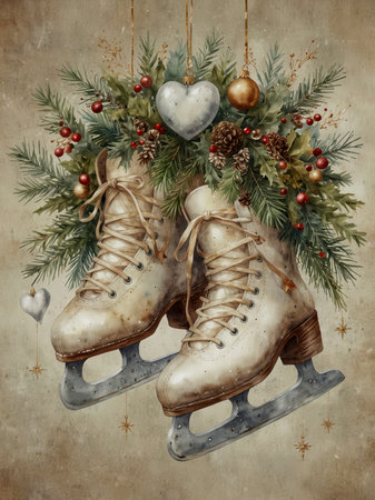 Illustration of a nostalgic pair of ice skates decorated with green pine branches, red berries, and golden Christmas baubles.の素材