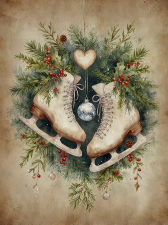 Illustration of a nostalgic pair of ice skates decorated with green pine branches, red berries, and golden Christmas baubles.の素材