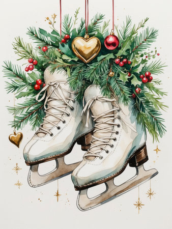 Illustration of a nostalgic pair of ice skates decorated with green pine branches, red berries, and golden Christmas baubles.の素材