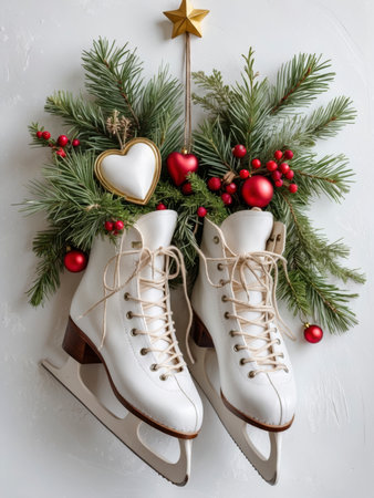 Illustration of a nostalgic pair of ice skates decorated with green pine branches, red berries, and golden Christmas baubles.の素材