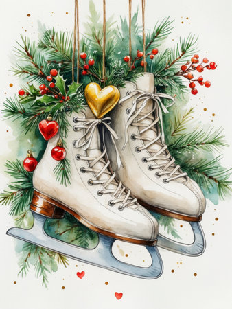 Illustration of a nostalgic pair of ice skates decorated with green pine branches, red berries, and golden Christmas baubles.の素材