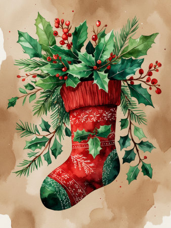 Illustration of a traditional Christmas stocking decorated with patterns and filled with holly leaves, berries, and pine branches. The neutral background adds a nostalgic and festive atmosphere.の素材