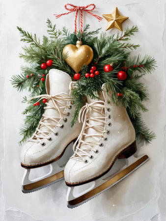 Illustration of a nostalgic pair of ice skates decorated with green pine branches, red berries, and golden Christmas baubles.の素材