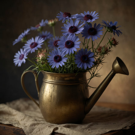 Still life with a floral arrangement of delicate blossoms in an old metal watering can. The scene is arranged on a cloth and illuminated by soft light, creating a calm and nostalgic atmosphere.の素材