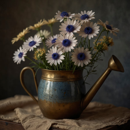 Still life with a floral arrangement of delicate blossoms in an old metal watering can. The scene is arranged on a cloth and illuminated by soft light, creating a calm and nostalgic atmosphere.の素材