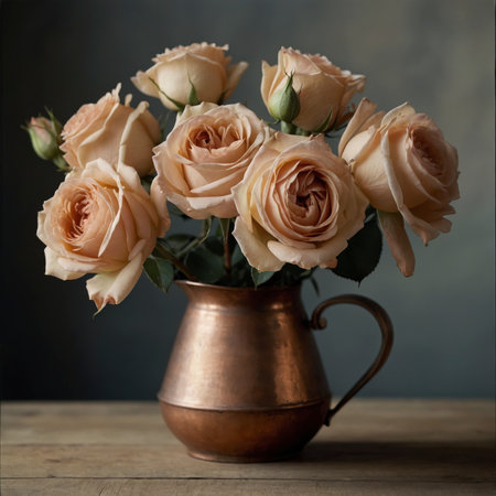 Still life with a bouquet of roses in a copper vase. The elegant blossoms unfold in full form, creating a calm and classic atmosphere.の素材