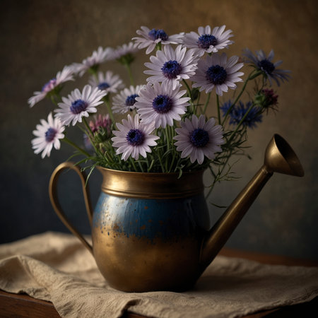 Still life with a floral arrangement of delicate blossoms in an old metal watering can. The scene is arranged on a cloth and illuminated by soft light, creating a calm and nostalgic atmosphere.の素材