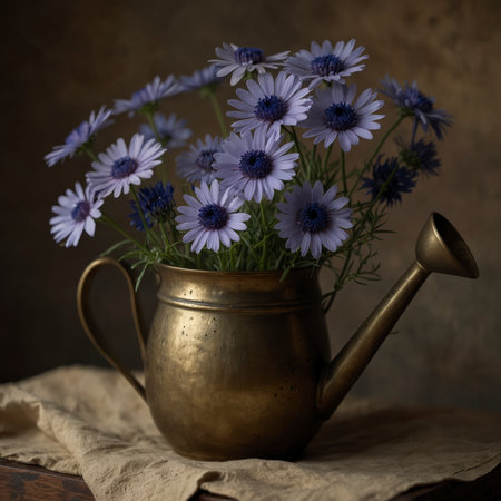 Still life with a floral arrangement of delicate blossoms in an old metal watering can. The scene is arranged on a cloth and illuminated by soft light, creating a calm and nostalgic atmosphere.の素材