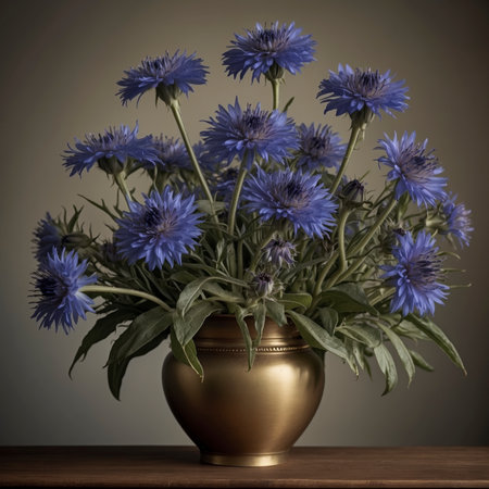 Still life with a bouquet of cornflowers in a brass jug. The strong blossoms unfold in multiple layers, while the dark background emphasizes the delicate structure of the petals.の素材