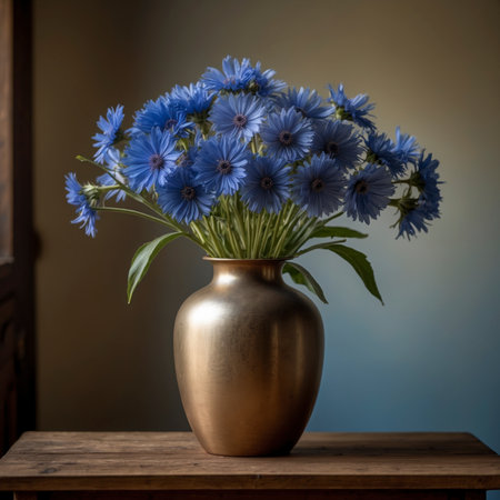 Still life with a bouquet of cornflowers in a brass jug. The strong blossoms unfold in multiple layers, while the dark background emphasizes the delicate structure of the petals.の素材