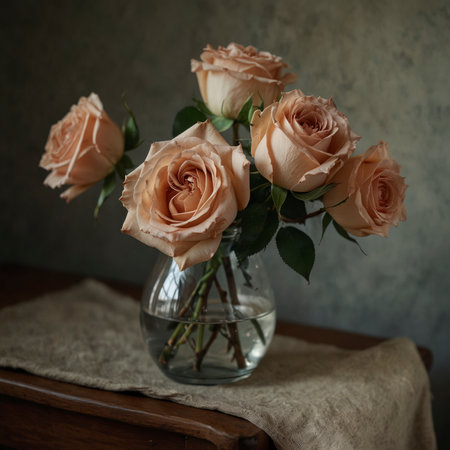 Still life with a bouquet of roses in a vase. The elegant blossoms unfold in full form, creating a calm and classic atmosphere.の素材