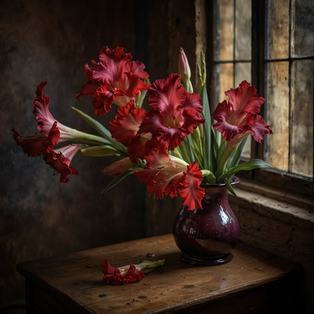 Still life with gladiolus in a red glass vase. The upright blossoms give the scene an expressive and elegant effect.の素材