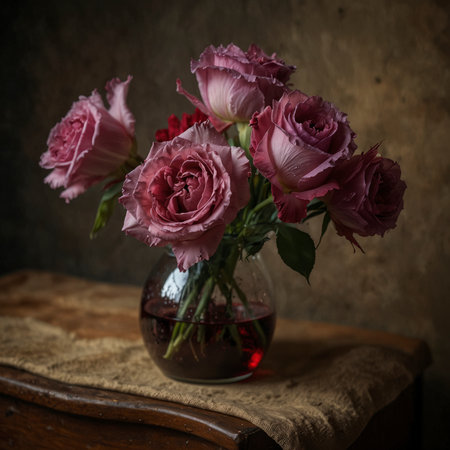 Still life with a bouquet of roses in a vase. The elegant blossoms unfold in full form, creating a calm and classic atmosphere.の素材