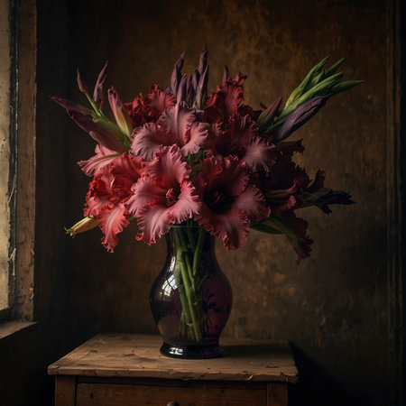 Still life with gladiolus in a red glass vase. The upright blossoms give the scene an expressive and elegant effect.の素材