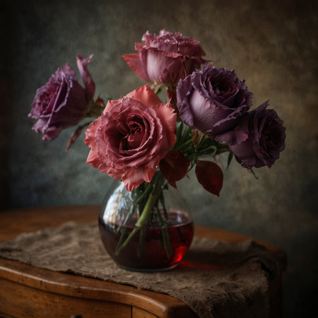 Still life with a bouquet of roses in a vase. The elegant blossoms unfold in full form, creating a calm and classic atmosphere.の素材