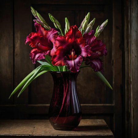 Still life with gladiolus in a red glass vase. The upright blossoms give the scene an expressive and elegant effect.の素材