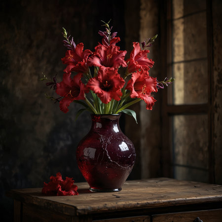 Still life with gladiolus in a red glass vase. The upright blossoms give the scene an expressive and elegant effect.の素材
