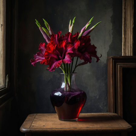 Still life with gladiolus in a red glass vase. The upright blossoms give the scene an expressive and elegant effect.の素材