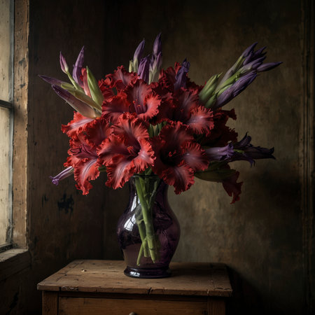 Still life with gladiolus in a red glass vase. The upright blossoms give the scene an expressive and elegant effect.の素材