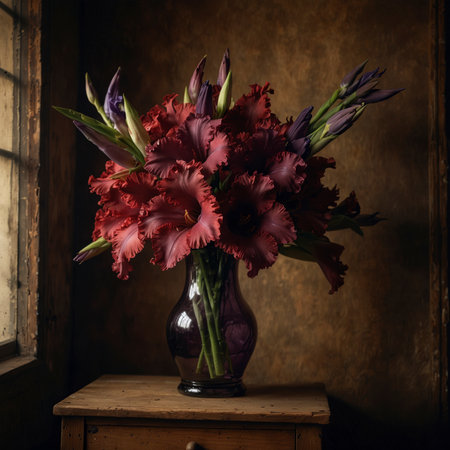 Still life with gladiolus in a red glass vase. The upright blossoms give the scene an expressive and elegant effect.の素材
