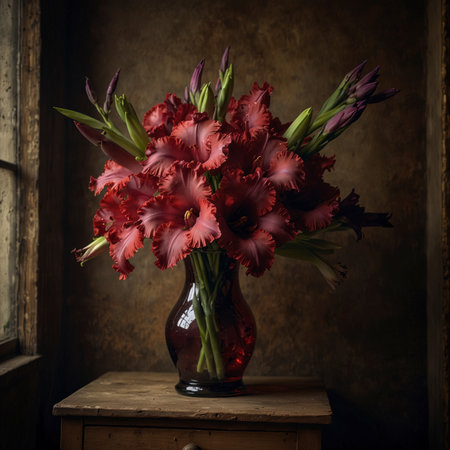 Still life with gladiolus in a red glass vase. The upright blossoms give the scene an expressive and elegant effect.の素材