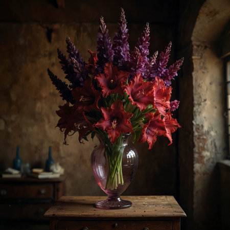 Still life with gladiolus in a glass vase. The upright blossoms give the scene an expressive and elegant effect.の素材