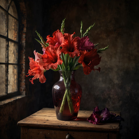 Still life with gladiolus in a red glass vase. The upright blossoms give the scene an expressive and elegant effect.の素材