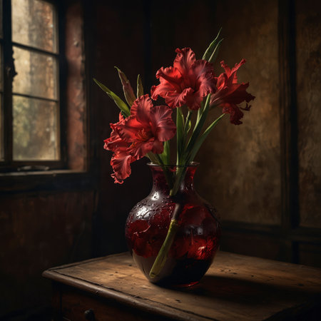 Still life with gladiolus in a red glass vase. The upright blossoms give the scene an expressive and elegant effect.の素材