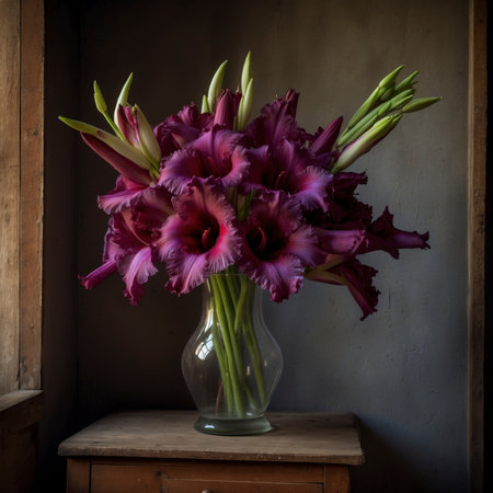 Still life with gladiolus in a red glass vase. The upright blossoms give the scene an expressive and elegant effect.の素材