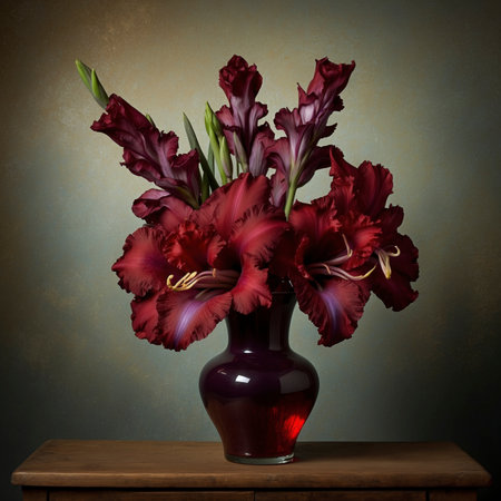 Still life with gladiolus in a red glass vase. The upright blossoms give the scene an expressive and elegant effect.の素材