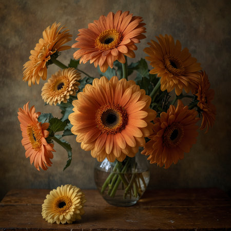 Still life with gerberas in a rounded glass vase on a wooden table. The bold blossoms give the scene a lively and decorative effect.の素材